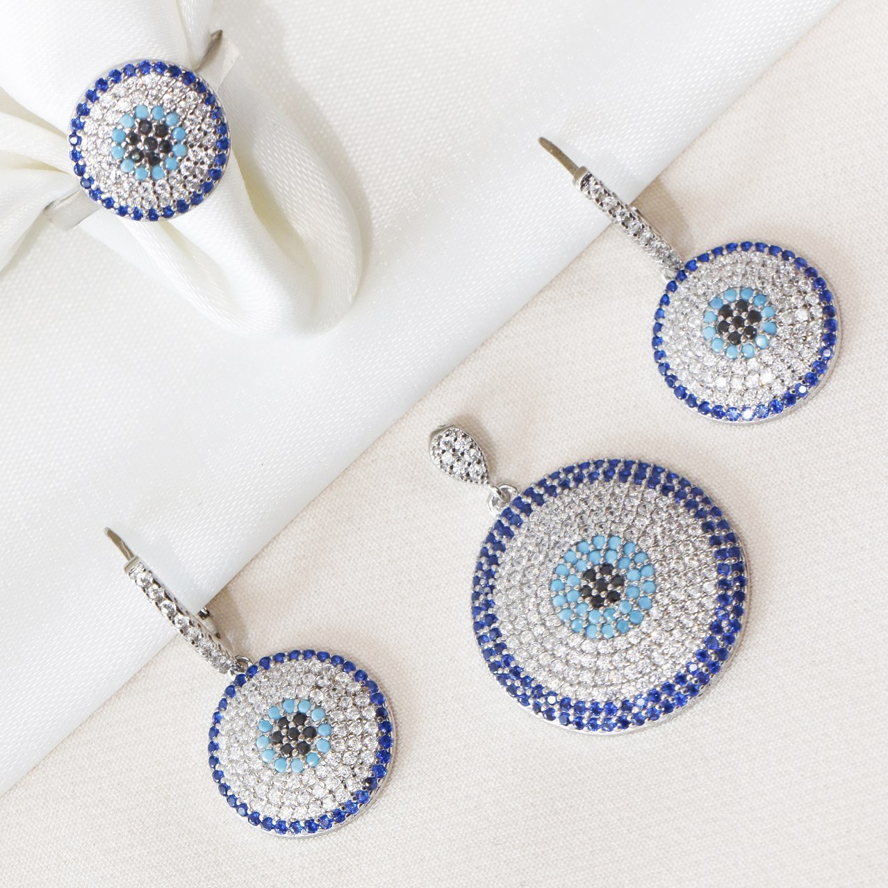 نیم ست نقره میکرو رنگی طرح چشم نظر  کد S-10203-14