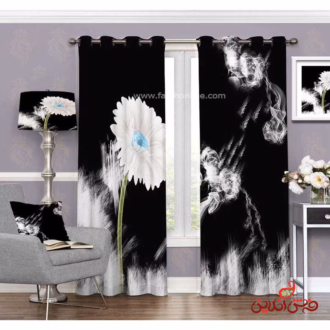 پرده طرح گل سفید پس زمینه مشکی کد 3475