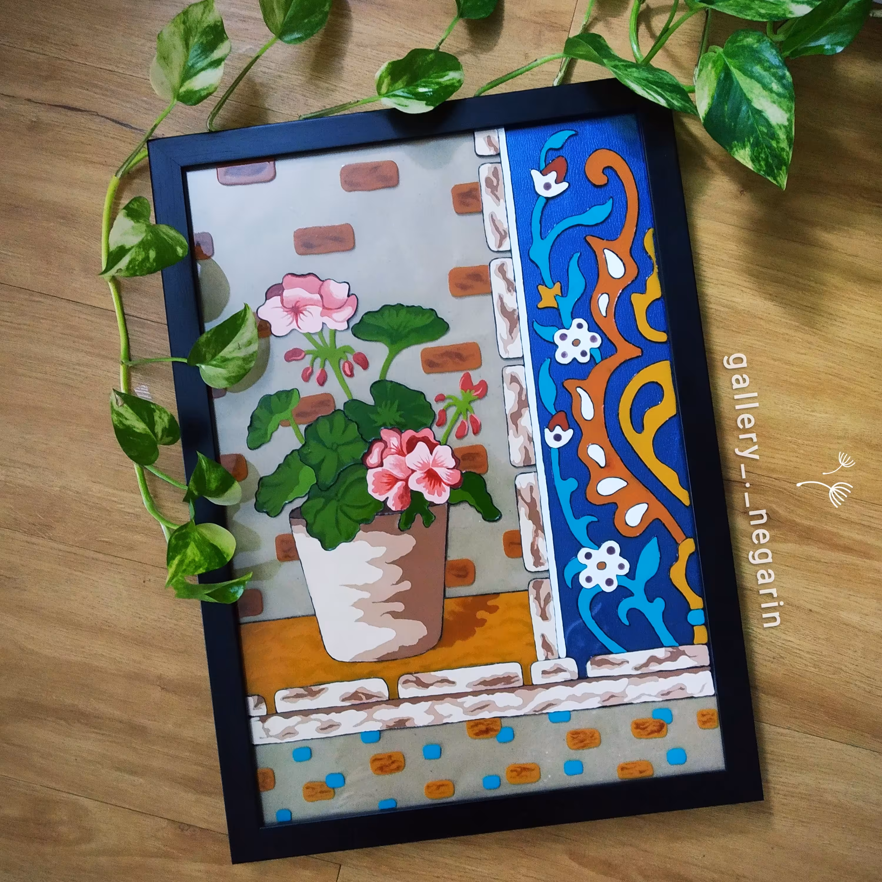 تابلو نقاشی ویترای کاشی و گل شمعدانی خوش رنگ و طرح، مناسب هدیه