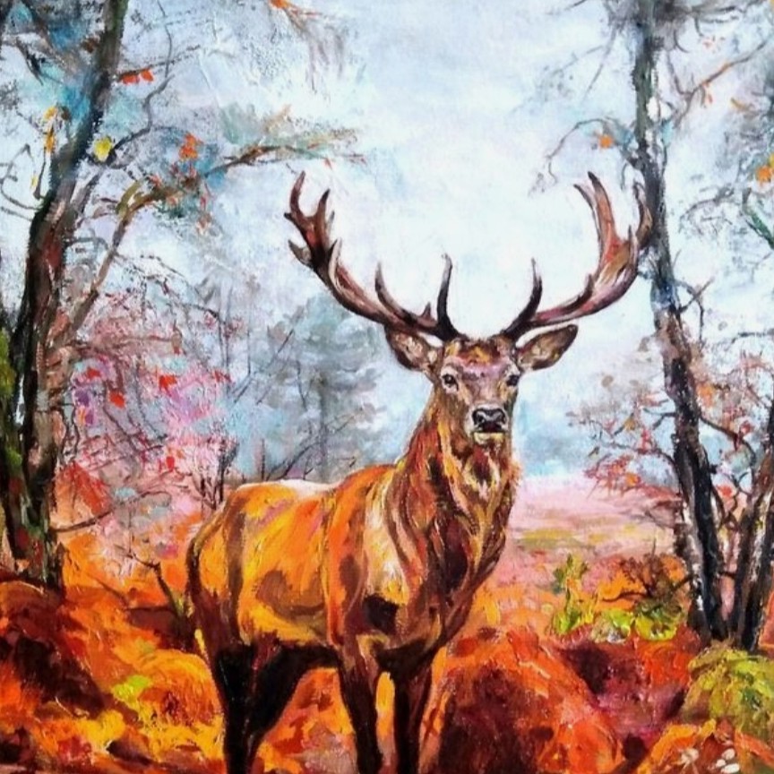 نقاشی رنگ و روغن گوزن و جنگل پاییزی روی بوم