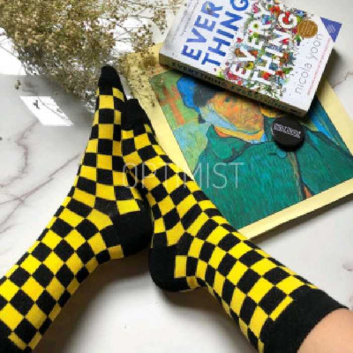 جوراب شطرنجی زرد مشکی ساقدار نخ پنبه فری سایز