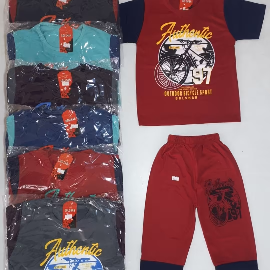 تیشرت شلوارک پسرانه.جنس اسپان پنبه نرم و لطیف سایز 45..50رنک سورمه ای سبز زرشکی توسی