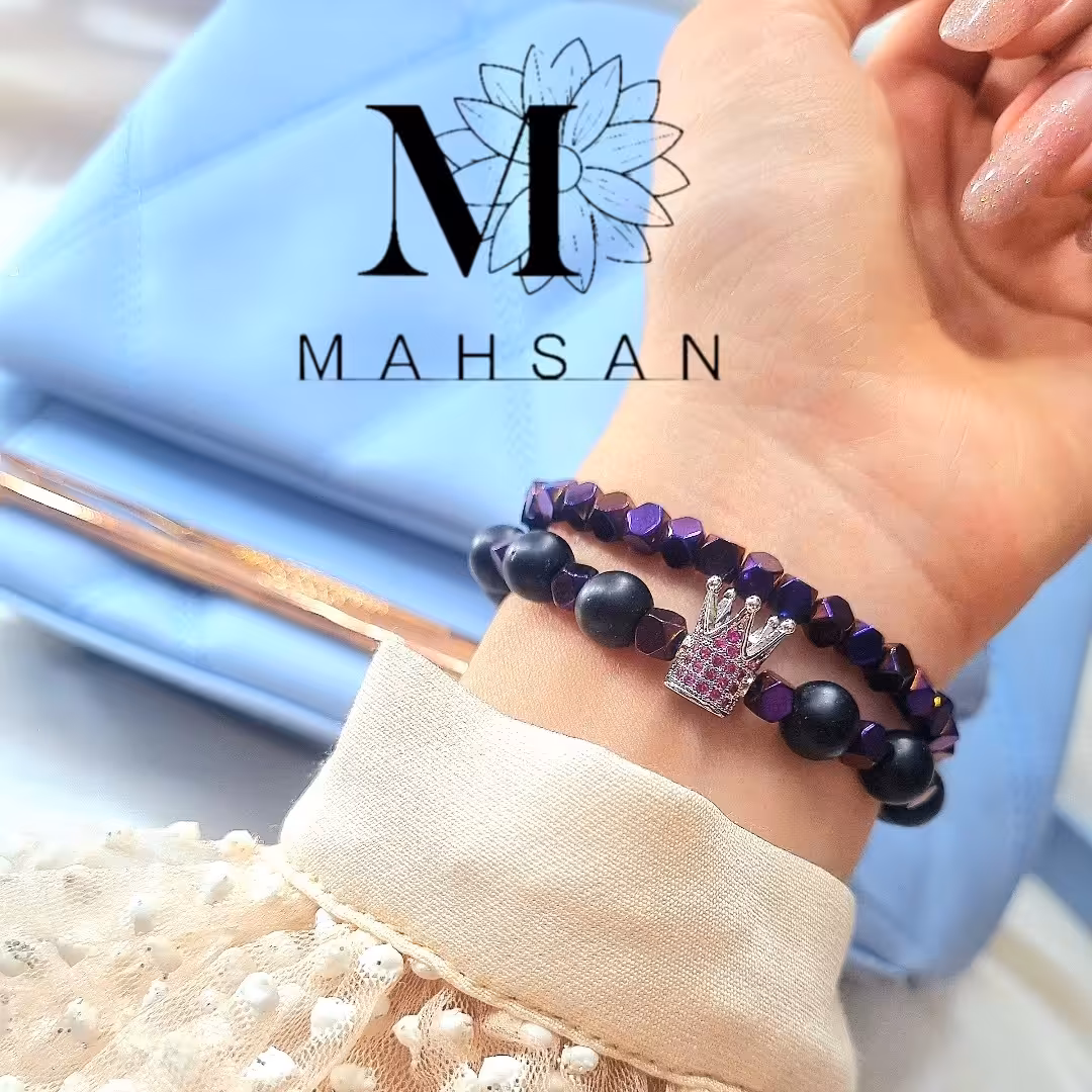 دستبند حدید صورتی پلاک استیل تاج ارسال رایگان