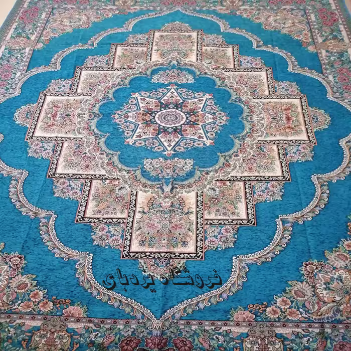 روفرشی 6 متری مخمل زرکدار سبزآبی طرح حوض نقره مدل ستاره ای