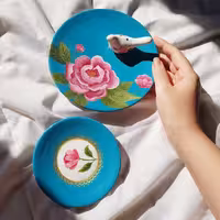 ست جاعودی و ظرف زیورآلات سفالی قطر 10 و 15 سانت رنگ فیروزه ای