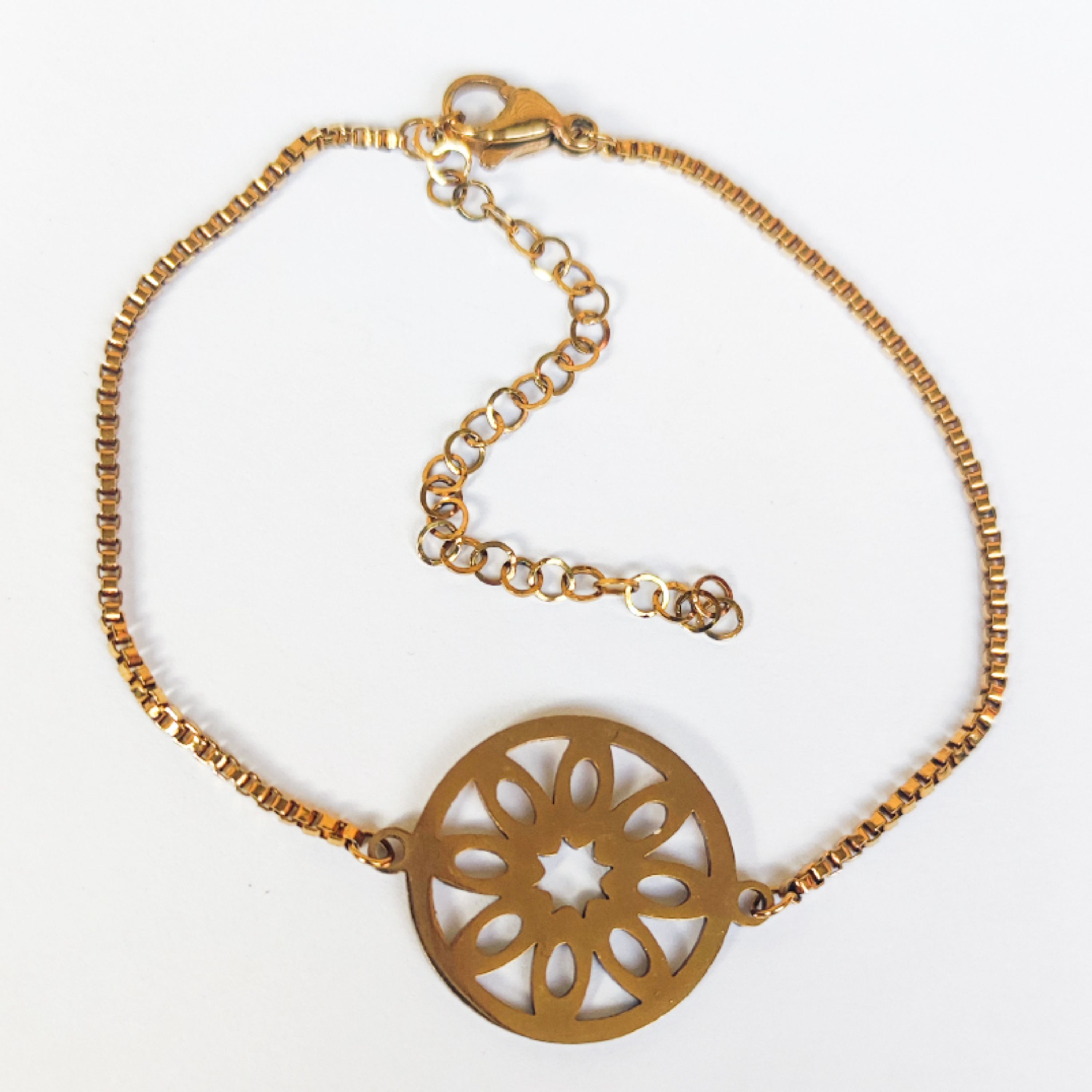 دستبند زنجیر و پلاک دایره گلدار 