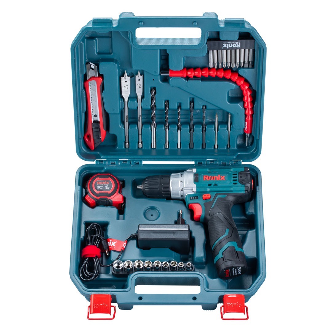 مجموعه 35 عددی دریل شارژی چکشی 12 ولت تک باتری رونیکس مدل RS-8611