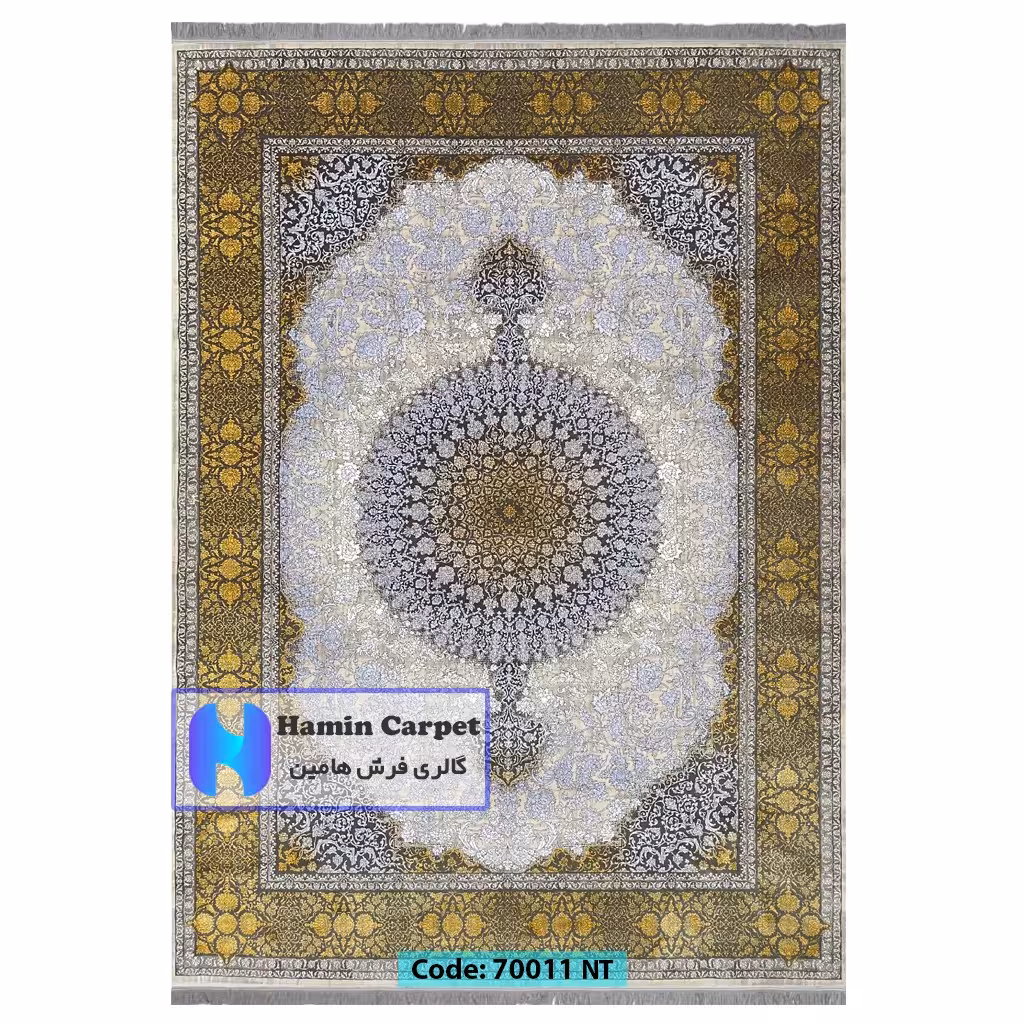 فرش 12 متری 700شانه تراکم 2100 برجسته طرح ترنج دار نقره ای طلایی کد SZ70011NT