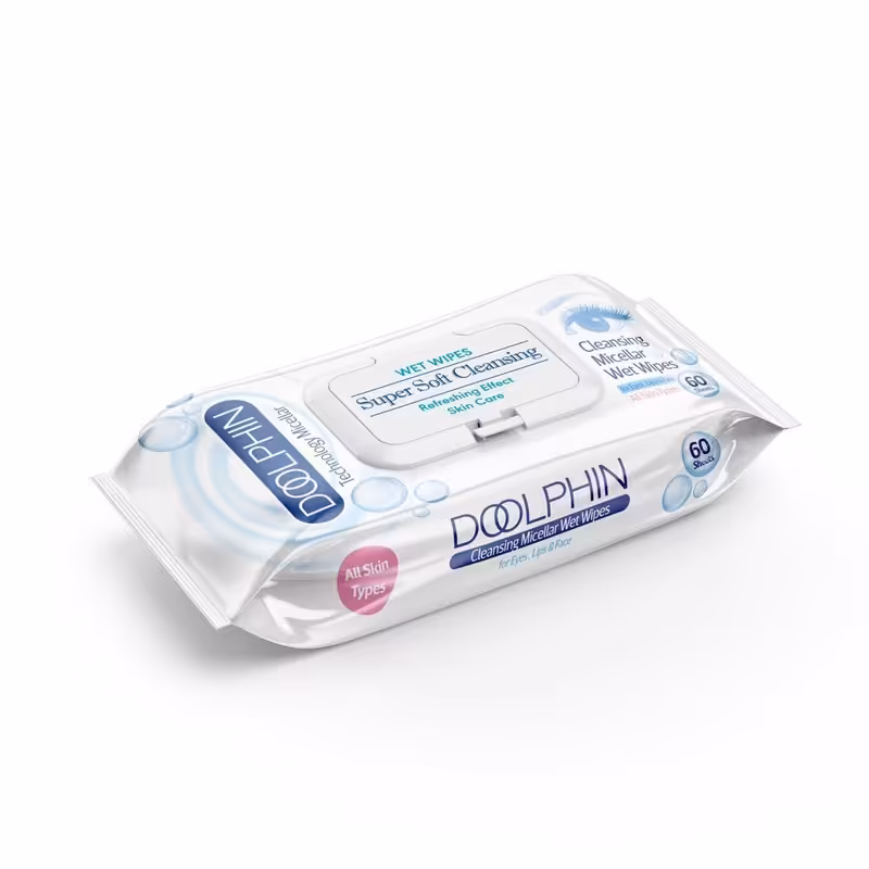 دستمال مرطوب دلفین ارایشی بسته 60 عددی بدون الکل