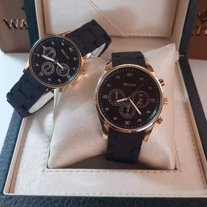 ست ساعت والار مردانه وزنانه بند پیو مشکی قاب رزگلد