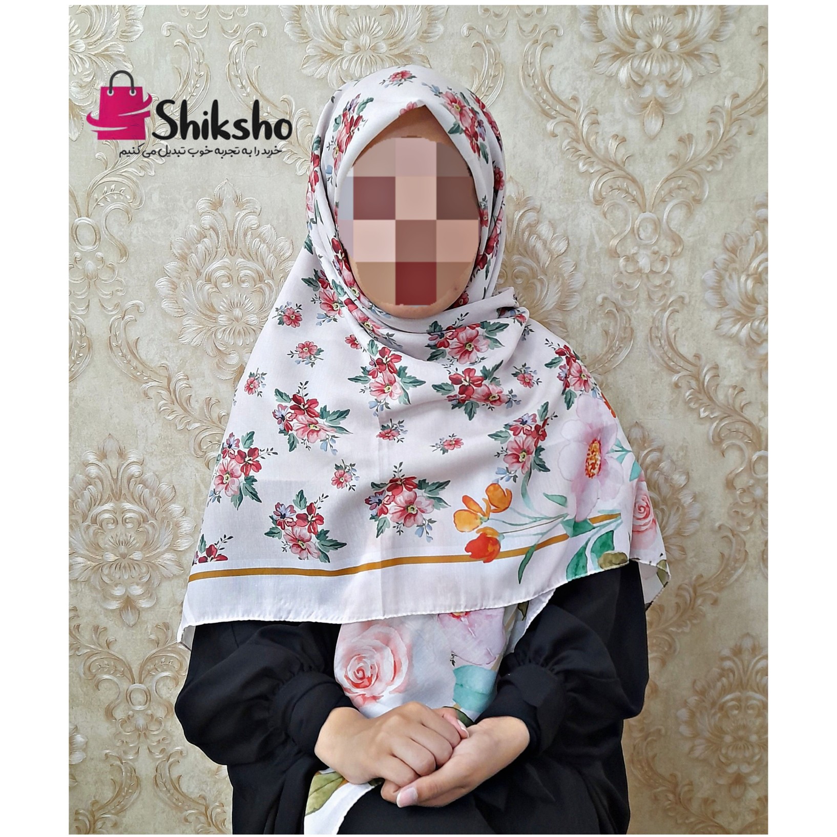 روسری گلدار نخی،زمینه سفید،قواره 135