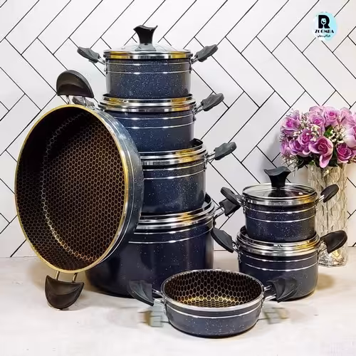 سرویس قابلمه 14 پارچه تفلون طوسی زنبوری زومبا(متریال تفلون بسیارباکیفیت))