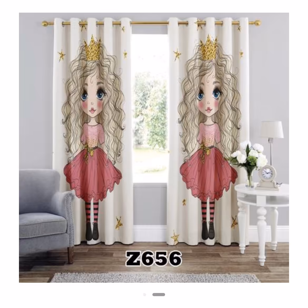 یک عدد پنل پرده آماده طرح دختر موفرفری دخترانه 