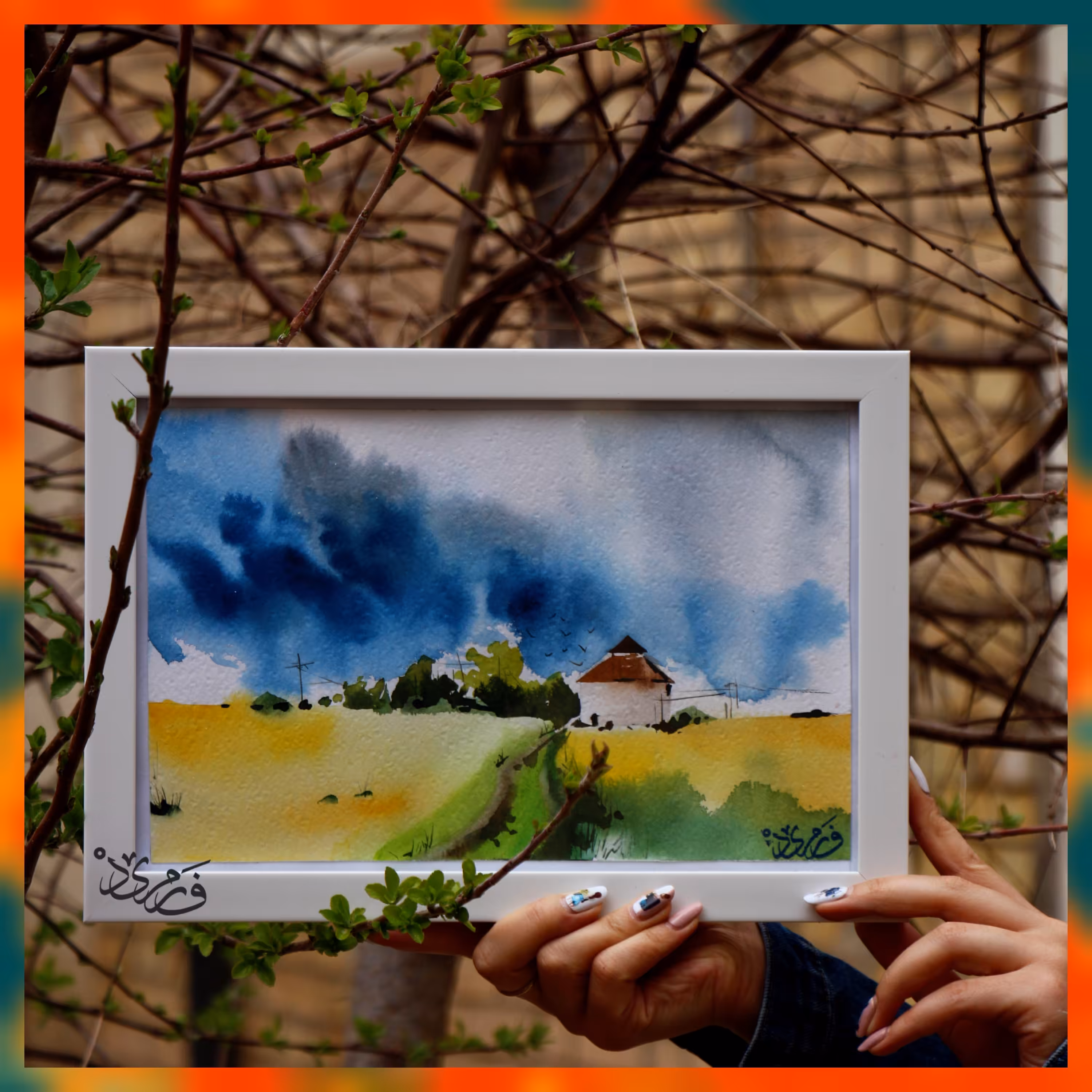 تابلو دکوراتیو نقاشی آبرنگ منظره و خونه سایز 23 در 33(پس کرایه) 