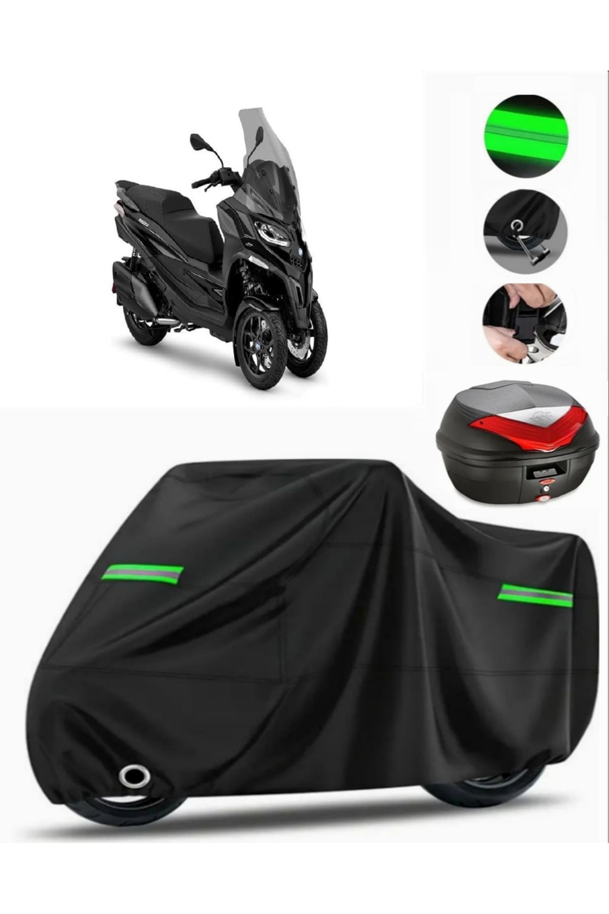 چادر موتورسیکلت مشکی PIAGGIO MP3 400 کیسه عقب سازگار با برزنت مرمر قفل SIYAH MotoEn