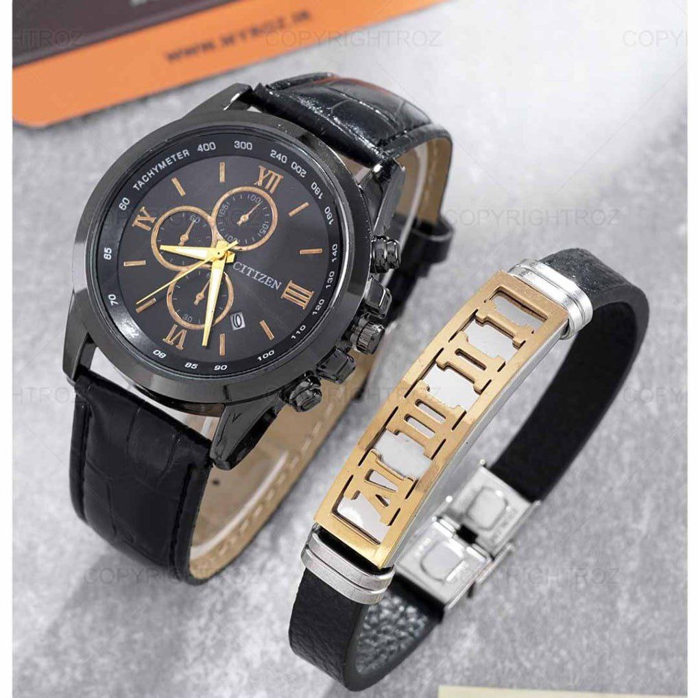ست ساعت مچی و دستبند چرم مردانه سیتیزن citizen  باجعبه و باتری اضافه مدل 1603