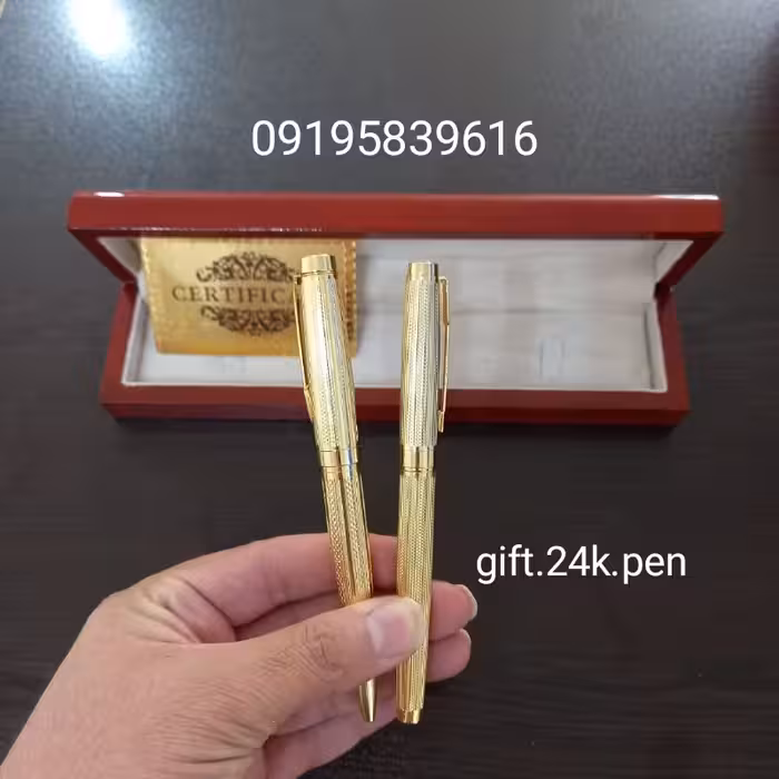  ست روان نویس و خودکار روکش طلا همراه با جعبه چوبی و شناسنامه اصالت کالا با حک اسم 