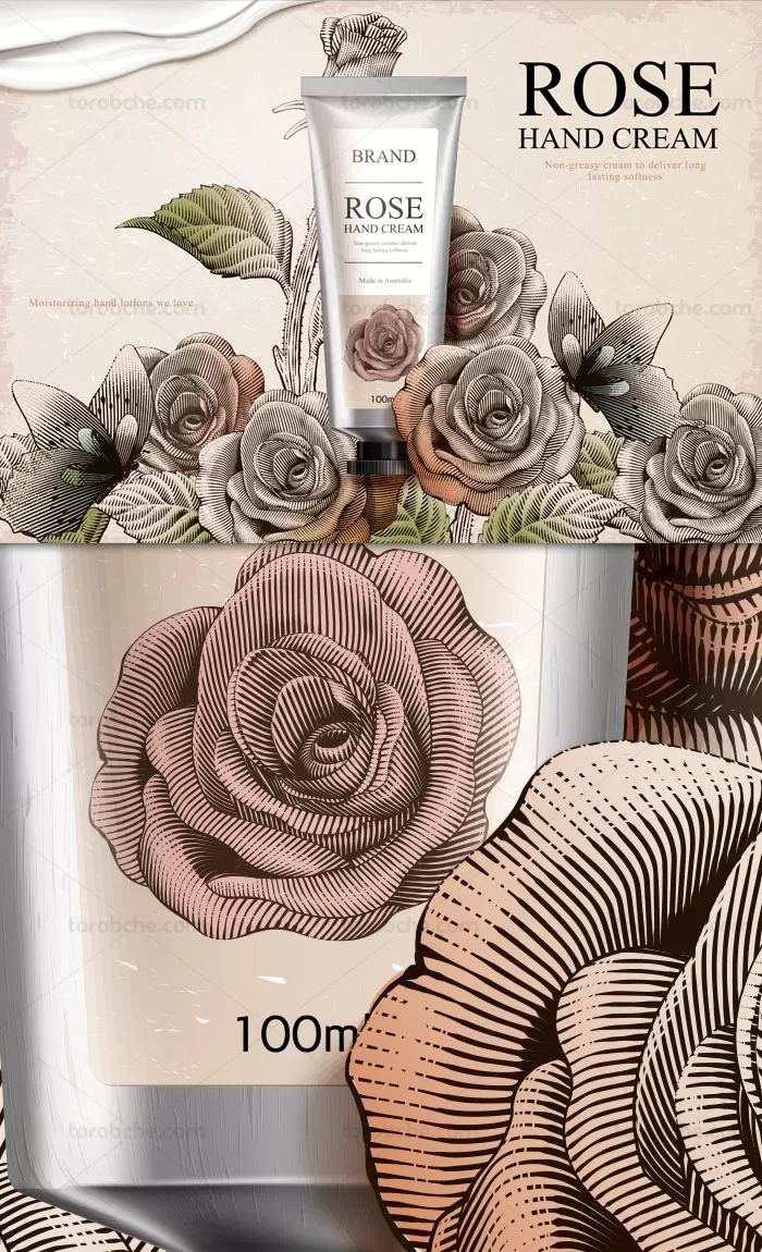 وکتور طرح لایه باز تبلیغاتی کرم دست گل رز - گرافیک با طعم تربچه