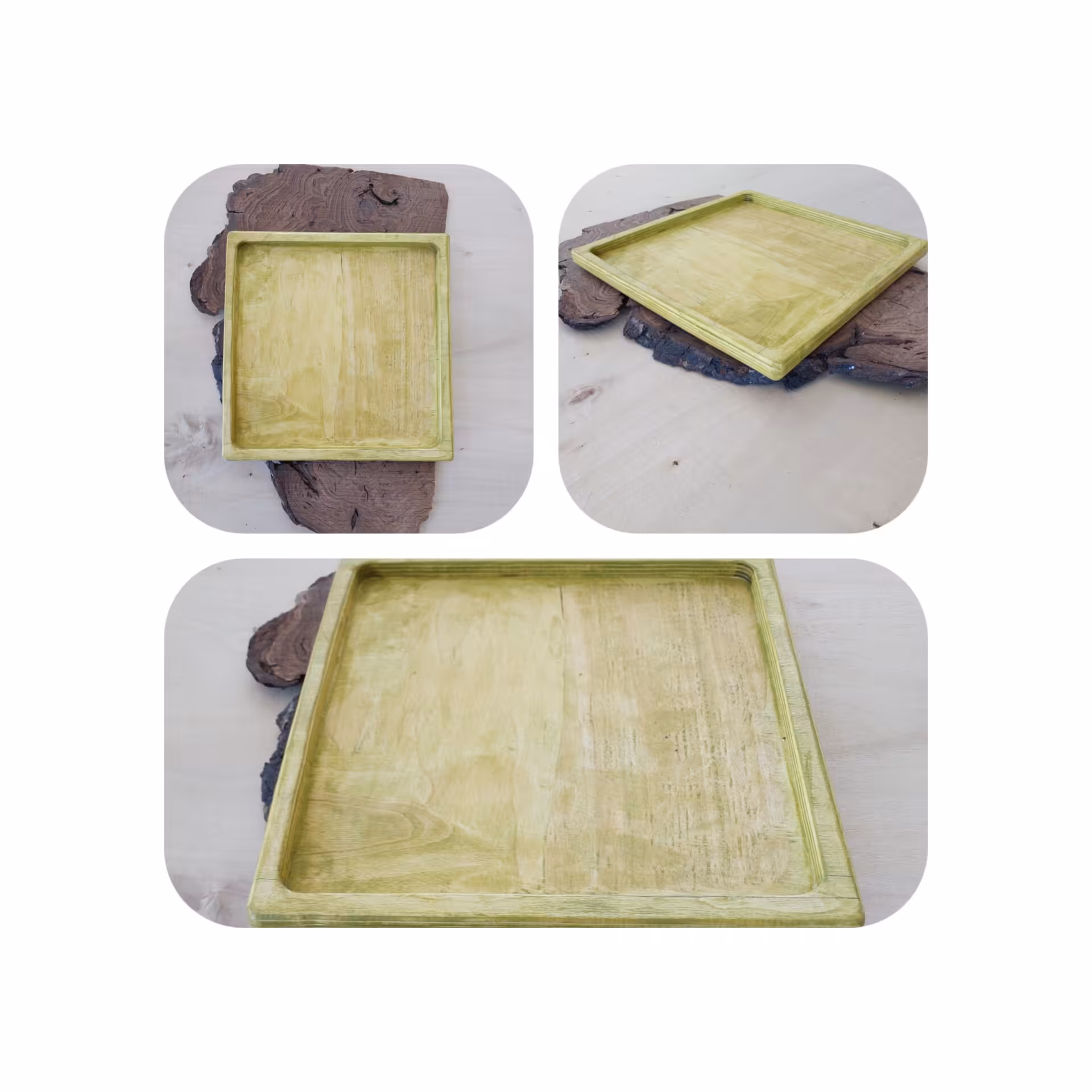 سینی چوبی مربع ساخته شده از پلای وود کاملا محکم و بادوام و ضدآب پوشانده شده از روغن کاملا گیاهی بدون رنگ و مواد شیمیایی