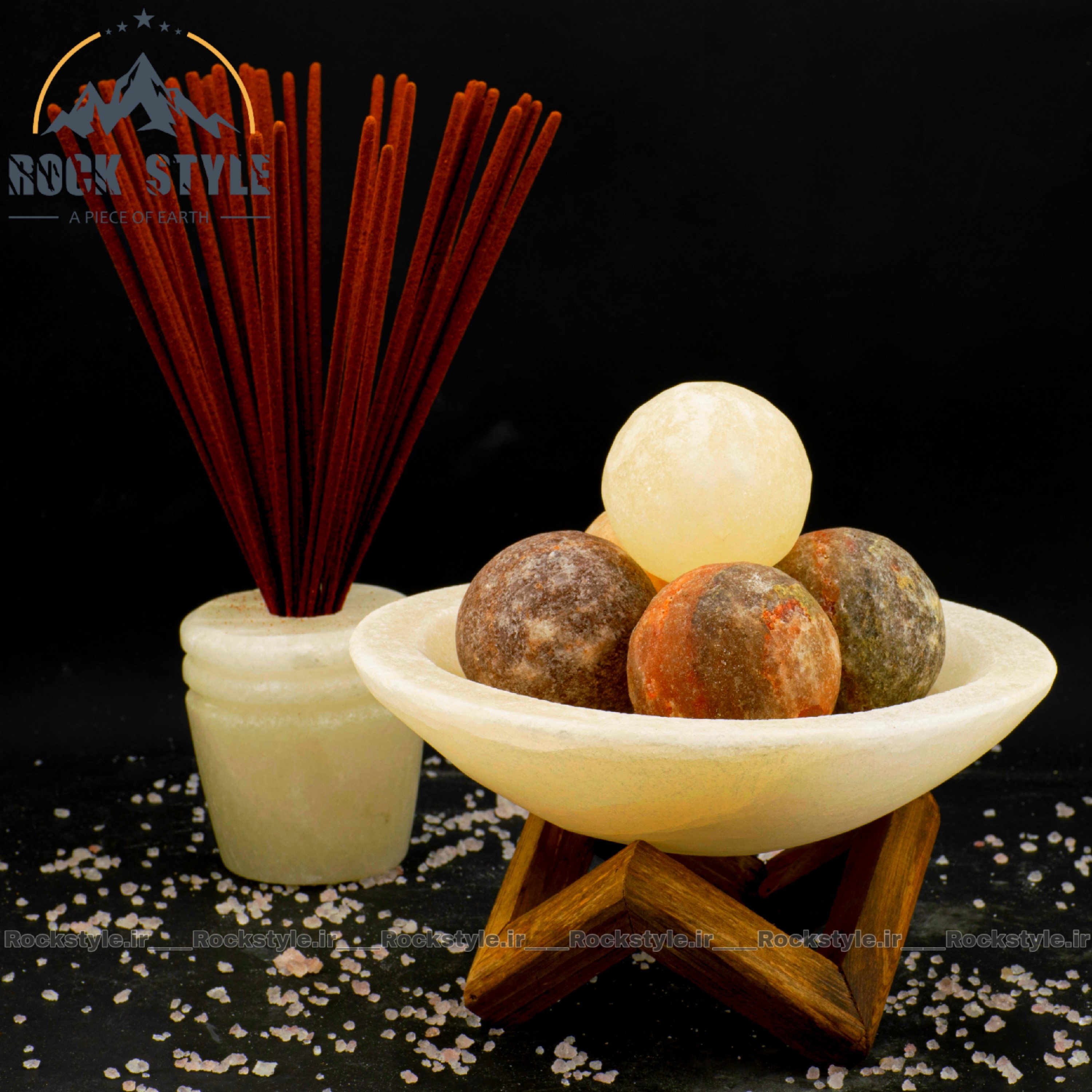 آباژور سنگ نمک کاسه پایه چوبی و گوی آرامش (4 عدد گوی ماساژ)