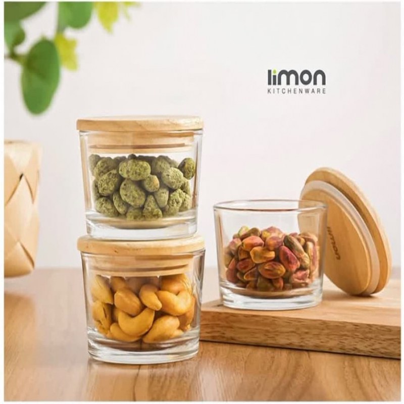 ظرف شیشه ای گرد 190میلی لیتر کادویی درب چوبی لیمون