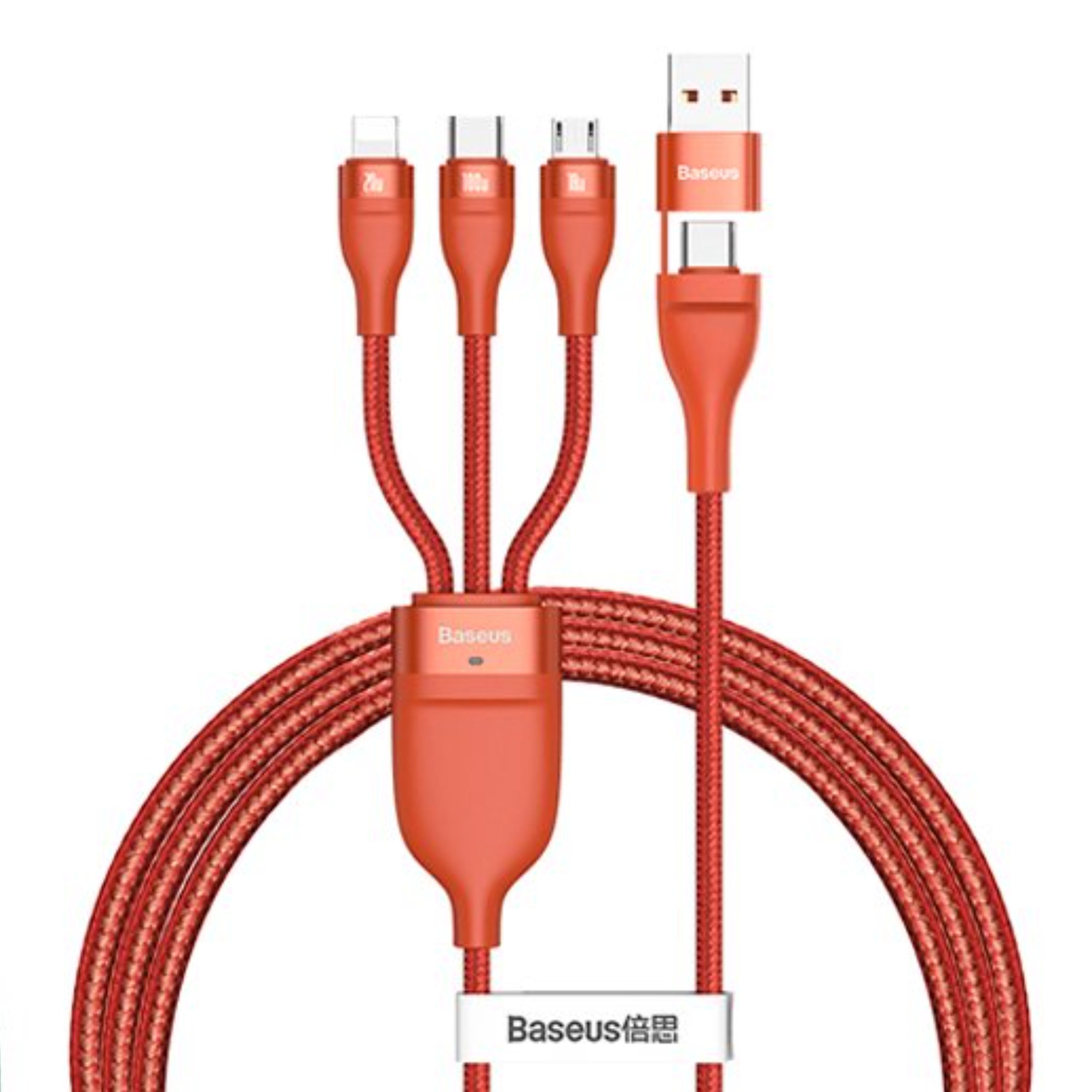 کابل شارژ سه سر لایتنینگ USB-C-micro-USB باسئوس مدل CA2T3 طول 1.2 متر رنگ نارنجی