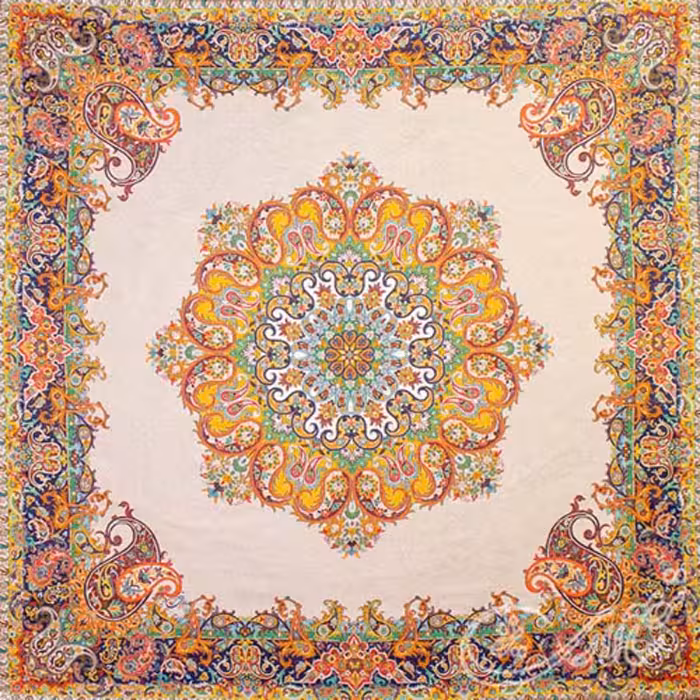 رومیزی ترمه طرح پرنسس ابریشمی سالاری یزد ـ مربع یک متر (بغچه) ـ حاشیه سورمه ای