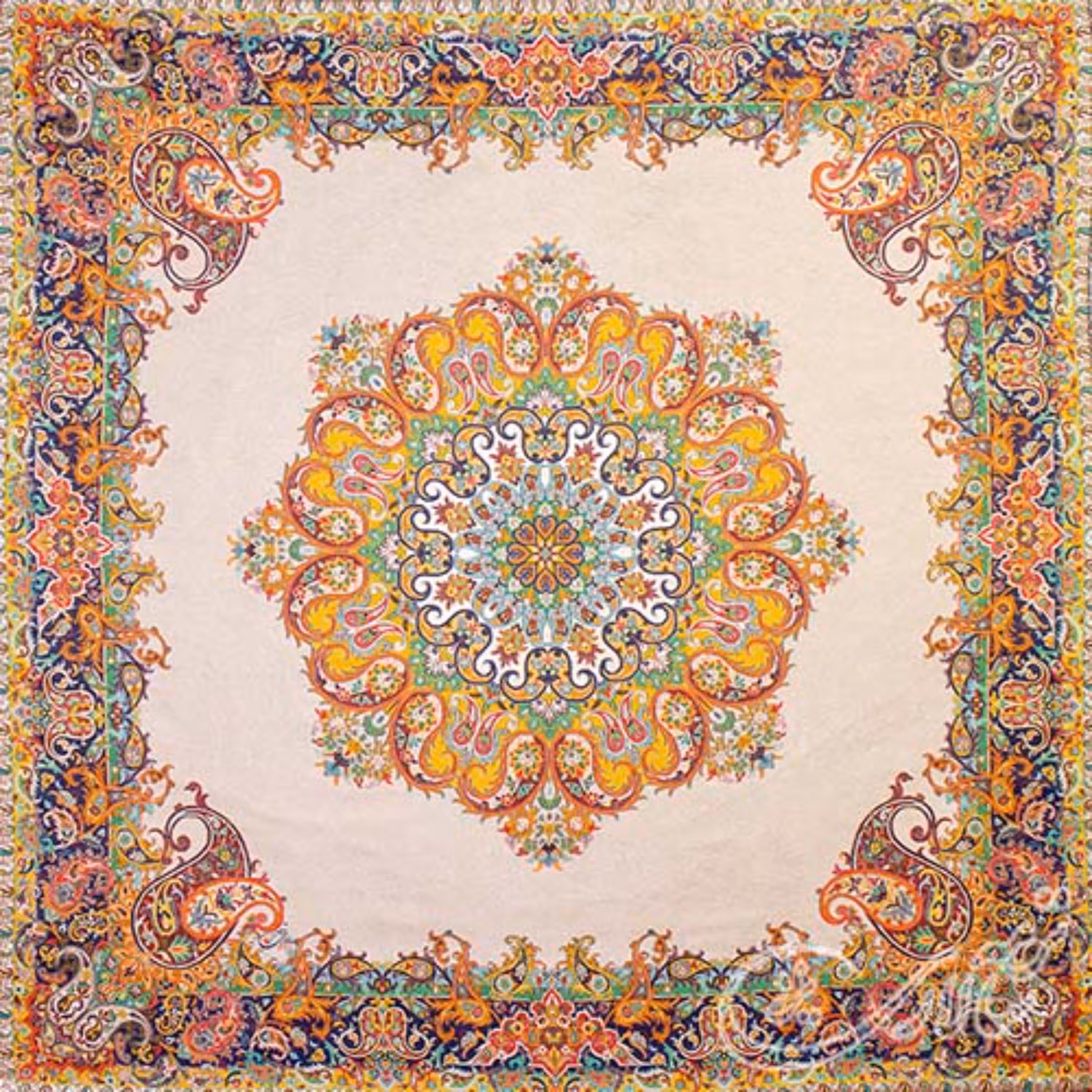 رومیزی ترمه طرح پرنسس ابریشمی سالاری یزد ـ مربع یک متر (بغچه) ـ حاشیه سورمه ای