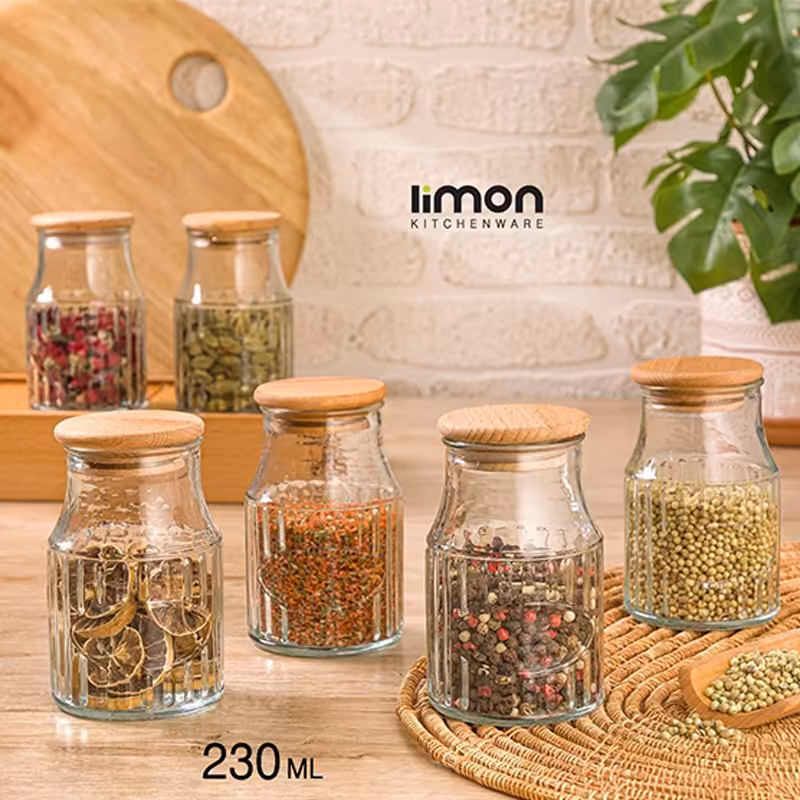 جا ادویه شیشه ای درب چوبی لیمون