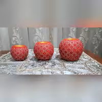 ست سه تیکه شمعدان توپی هنرکده سدنا جنس سفالی نقطه کاری شده با دست 