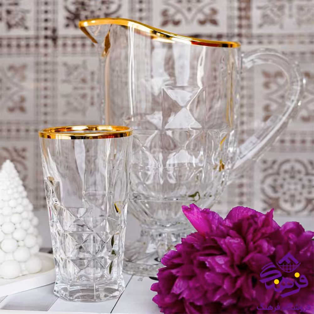 پارچ و لیوان چین اکوامارین لب طلا