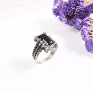 انگشتر نقره مردانه نگین دار با سنگ اونیکس طرح 3 خط کد4915