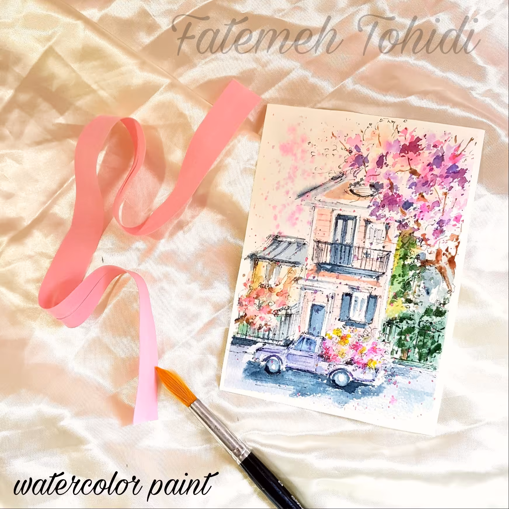  نقاشی آبرنگ شکوفه های صورتی (12 در 17)