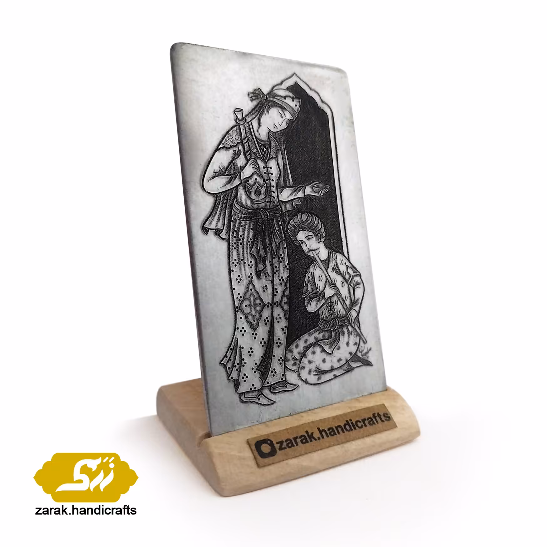 قلمزنی پلاک مینیاتوری مس سفید شده(طرح دو فیگور)