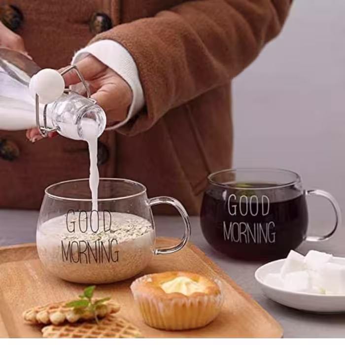 لیوان پیرکس Good morning  نوشته مشکی ،انتی شک حرارتی حجم 350 میل