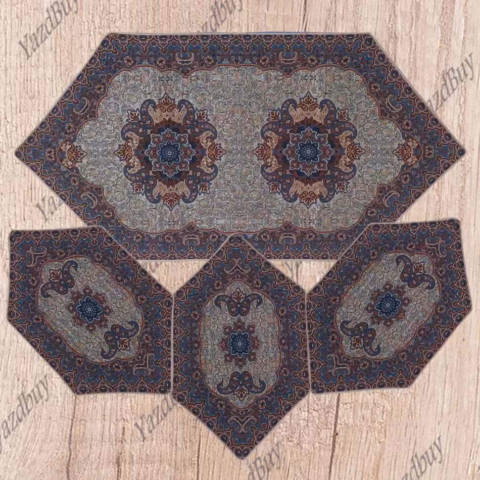 رومیزی ترمه ست 4 تکه طرح نسترن رنگ کرم آبی 