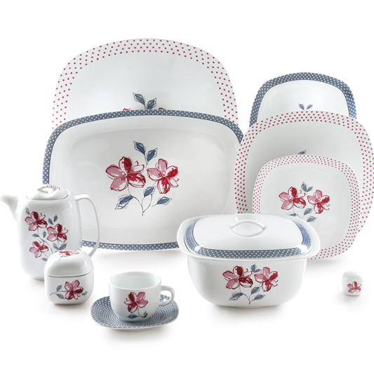 سرویس غذا خوری 98 پارچه چینی زرین ایران سری کواترو مدل والنسیا ارغوانی درجه عالی zarin valensia 98 pcs