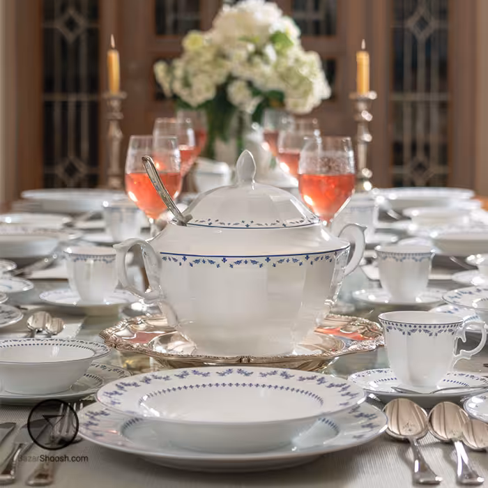 سرویس غذاخوری 103 پارچه 12 نفره فرانسیس سرمه ای سری نئوکلاسیک چینی زرین درجه عالی