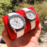 ست ساعت مچی چرمی سفید همراه با شش ماه گارانتی موتور 