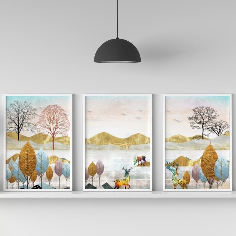 تابلو دکوراتیو فانتزی منظره طبیعت رنگی سه تکه 