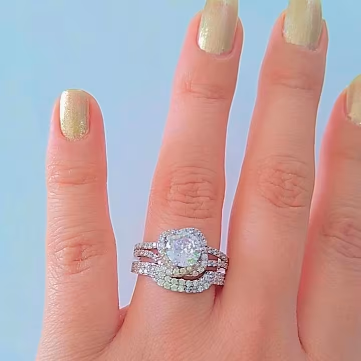 حلقه و پشت حلقه نقره زنانه طرح گل رز عیار 925با آبکاری طلا سفید بدون ریزش نگین ضد حساسیت