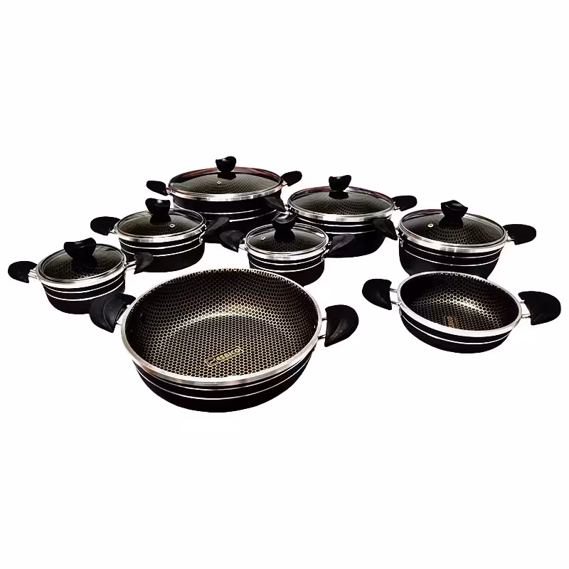 سرویس قابلمه و ماهیتابه 14 پارچه زنبوری گرانیتی نچسب طرح چدن اسبیکو esbico