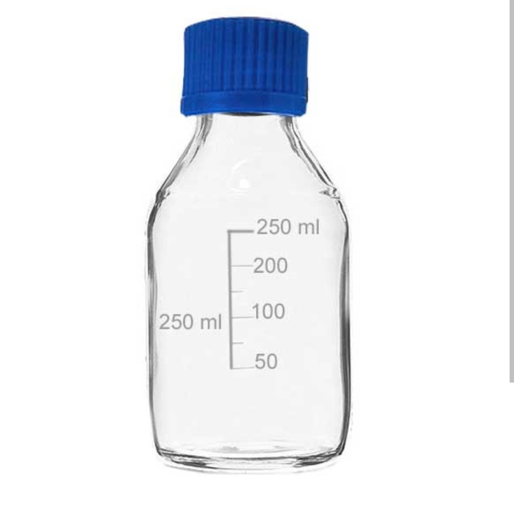 بطری شیشه ای آزمایشگاهی ایرانی مدل در آبی ظرفیت 250 میلی لیتر blue cap