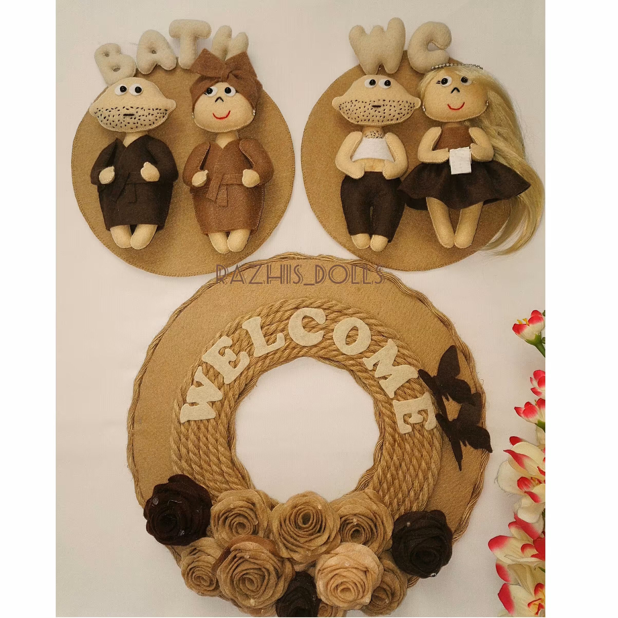 ست نشانگر سرویس بهداشتی زوج و حلقه آویز  درب وِلکام  جنس نمد درجه یک قابل اجرا با رنگهای متنوع به سلیقه شما (پس کرایه)