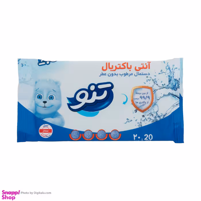 دستمال مرطوب تنو مدل آنتی باکتریال بسته 20 عددی