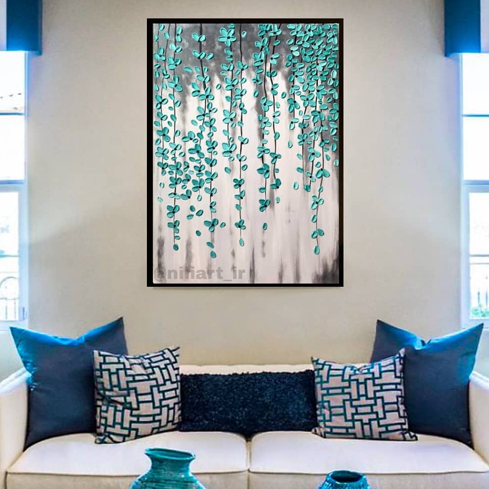 تابلو مدرن (دکوراتیو) گل برجسته ابعاد 60 در 90 رنگ فیروزه ای