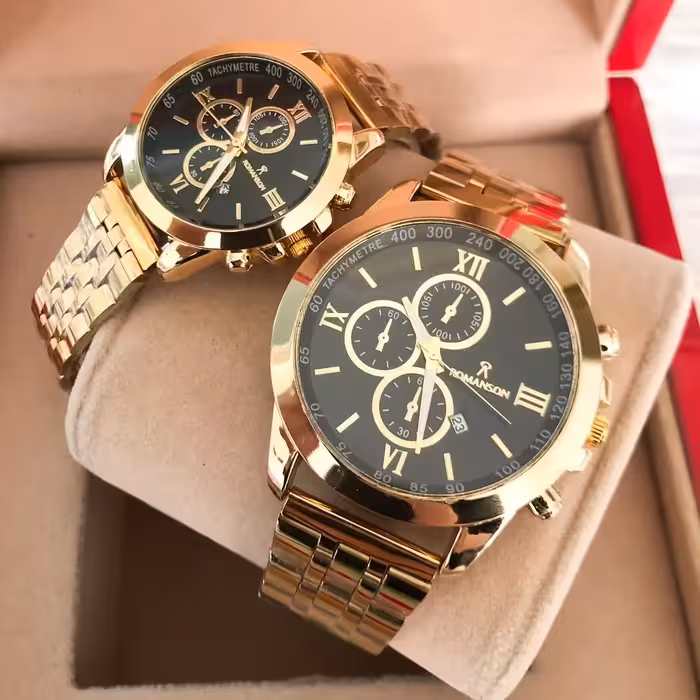 ست ساعت مردانه و زنانه مارک رومانسون بند فلزی طلایی