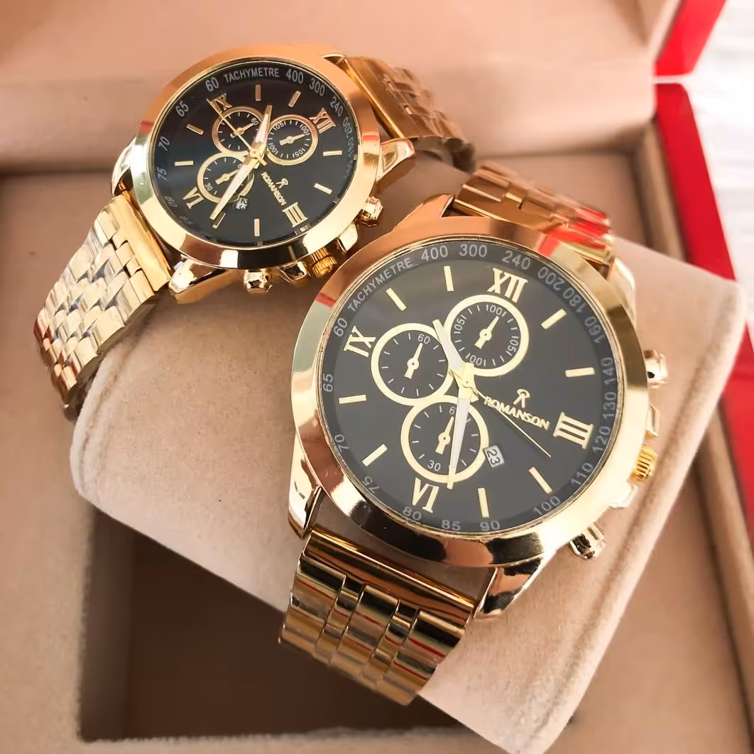 ست ساعت مردانه و زنانه مارک رومانسون بند فلزی طلایی