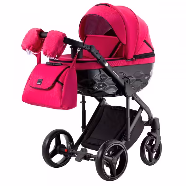 کالسکه ادامکس مدل چانتال چهار تکه رنگ مشکی- سرخابی شامل کالسکه. کریر . کریکات . ساک لوازم و اکسسوری  ADAMEX  CHANTAL  C218