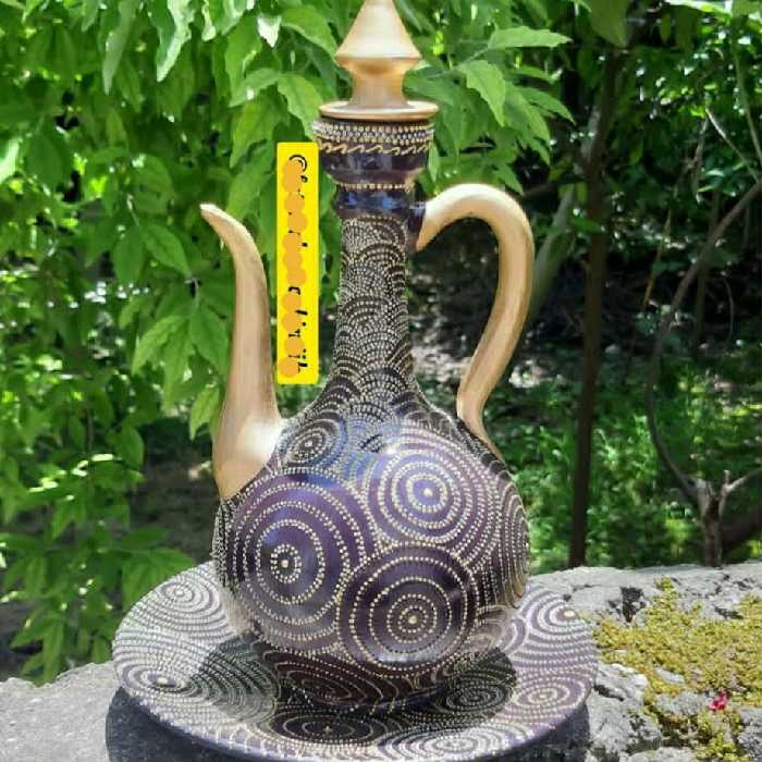 ظرف سفالی دکوراتیو آفتابه لگن(گلاب پاش) دو تکه نقطه کوبی شده سایز بشقاب30